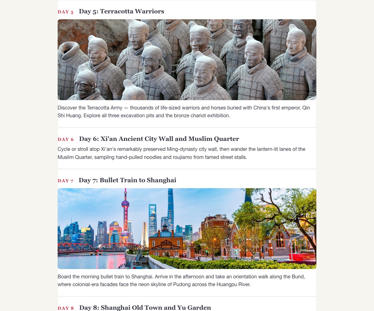 Day cards with Terracotta Warriors and Shanghai Bund imagery